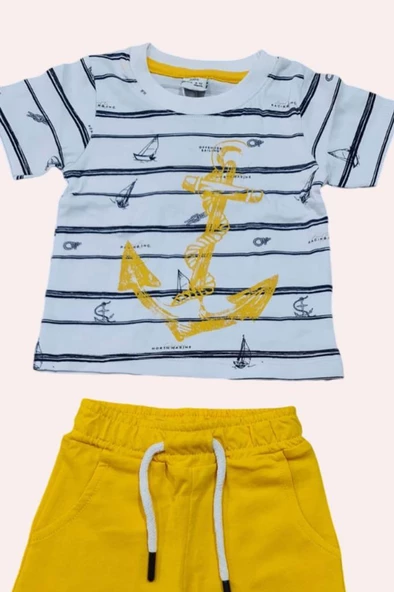 Erkek Bebek Çapa Baskılı Kısa Kol Çizgili Tişört Sarı Şortlu Takım - Resim 4