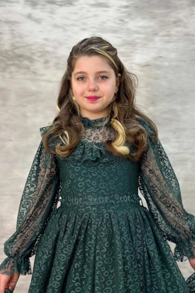 Kız Çocuk Kolları ve Yakası Şeffaf Tül ve Fırfır Detaylı Yeşil Elbise - Resim 4