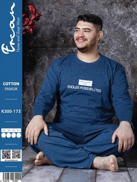 Ercan K300-173 Mavi Bisiklet Yaka Uzun Kol Pamuklu Pijama Takımı