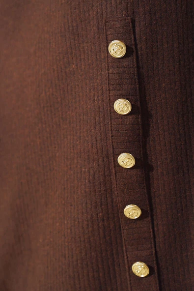 Etek Düğmeli Fitilli Elbise Kahve - Resim 4