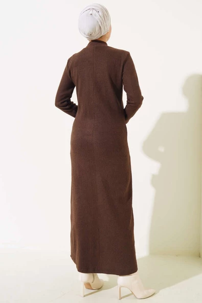 Etek Düğmeli Fitilli Elbise Kahve - Resim 3