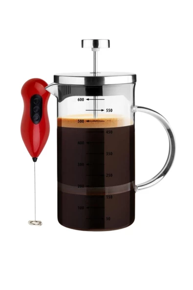 French Press Demlik Ölçü Kabı 3in1 Ürün Borosilikat Cam Frenchpress 600ml Ve Süt Kahve Köpürtücü