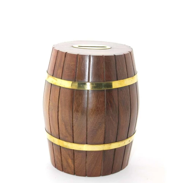 Pirinç Ahşap Fıçı Kumbara 15 Cm - 2