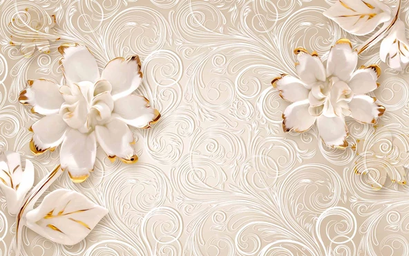Gold-Beyaz Çiçek Desenli Modern Duvar Kağıdı Baskı - 6