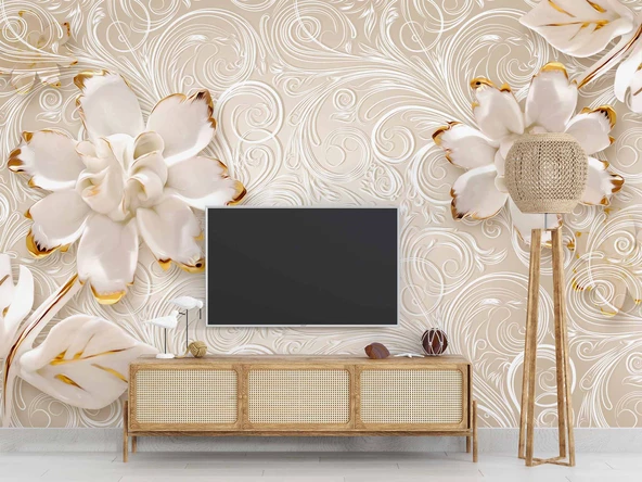Gold-Beyaz Çiçek Desenli Modern Duvar Kağıdı Baskı - 3