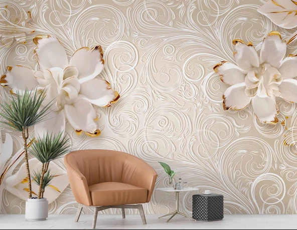 Gold-Beyaz Çiçek Desenli Modern Duvar Kağıdı Baskı - 5