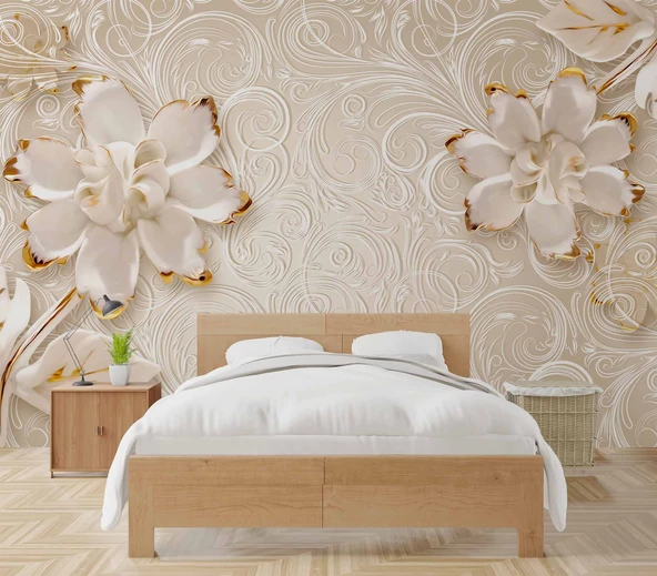 Gold-Beyaz Çiçek Desenli Modern Duvar Kağıdı Baskı - 2
