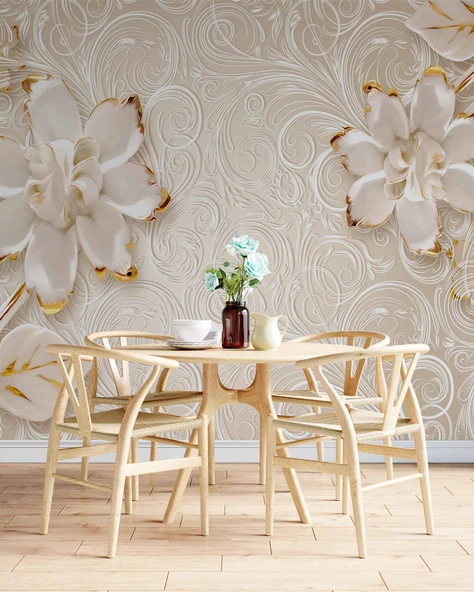 Gold-Beyaz Çiçek Desenli Modern Duvar Kağıdı Baskı - 4