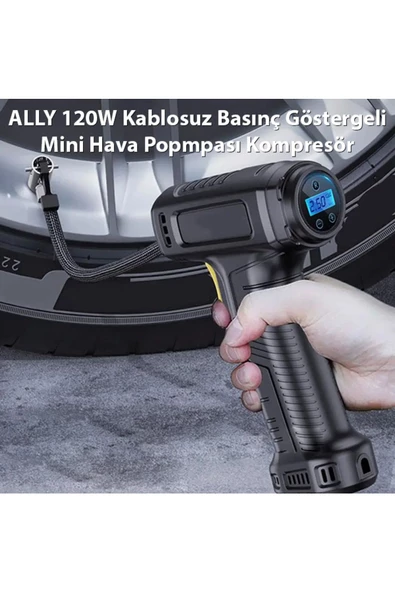 Ally   Ally 120W Kablosuz Basınç Göstergeli Mini Hava Popmpası Kompresör SİYAH - 2