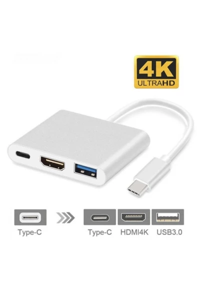 Ally Mobile   Ally Mobile ALLY 4k Type C Hdmi Görüntü Aktarıcı 3 İn1 Şarj Usb Çıkışlı Kablo