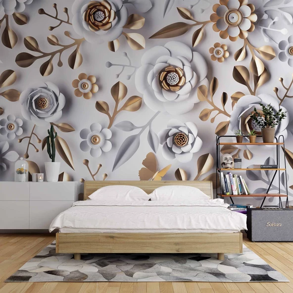 3 Boyutlu Gold-Beyaz Çiçek ve Yaprak Desenli Modern Duvar Kağıdı Baskı - 2