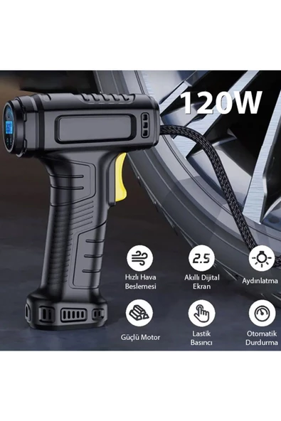 Ally   Ally 120W Kablosuz Basınç Göstergeli Mini Hava Popmpası Kompresör SİYAH - 4