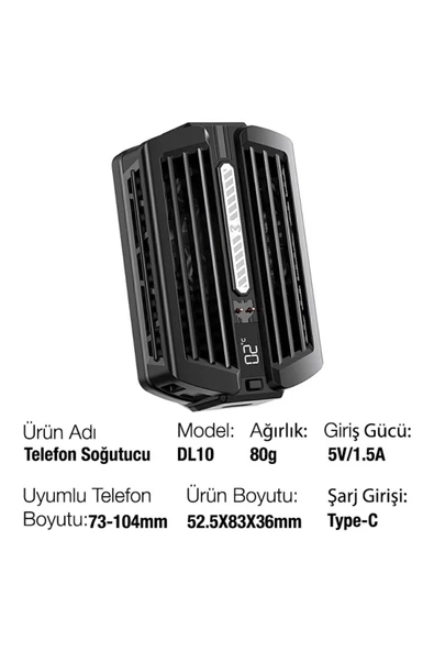 Memo   Memo Dl10 Dijital Gösterge 2000mah Powerbankli Telefon Soğutucu Fan Radyatör Siyah - 3