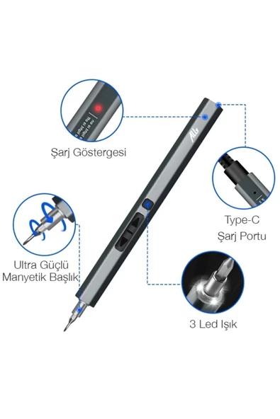 Ally Mobile   Ally Mobile Ally 40 Elektrikli Kalem Tornavida Seti Mini Şarjlı Tornavida-füme - 5