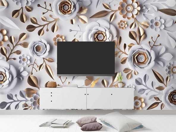 3 Boyutlu Gold-Beyaz Çiçek ve Yaprak Desenli Modern Duvar Kağıdı Baskı - 3