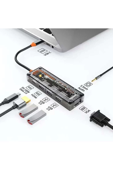 Ally   Ally 6in1 Type-c To USB3.0 + USB2.0 + Type-c PD 100W + HDMI + VGA + 3.5mm Çoğaltıcı Hub ŞEFFAF