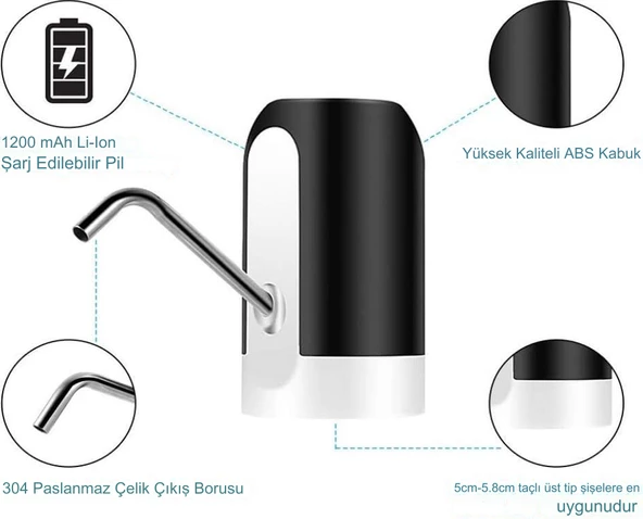 USB Şarj Edilebilir Otomatik Su Sebili Pompası Kamp ve Ev Kullanımı için Dokunmatik Damacana Pompası - 7