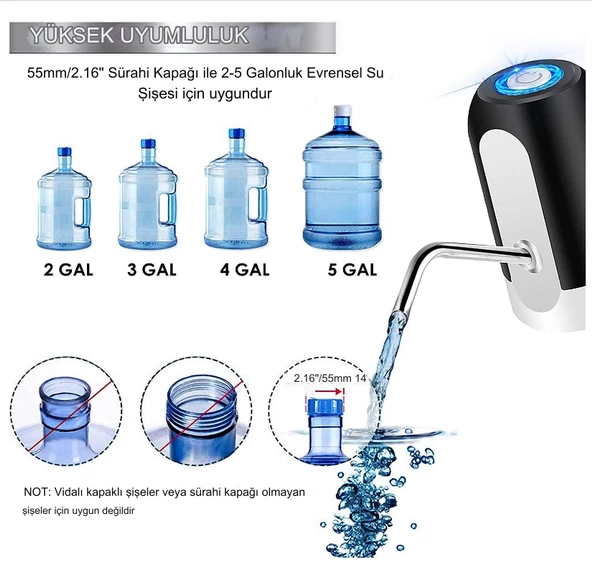 USB Şarj Edilebilir Otomatik Su Sebili Pompası Kamp ve Ev Kullanımı için Dokunmatik Damacana Pompası - 5