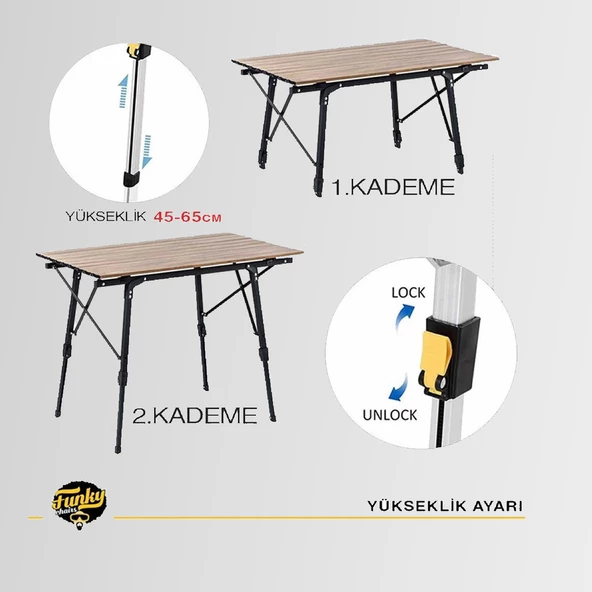 Funky Chaırs Elite Alüminyum Teleskopik Ayaklı Kamp Piknik Masası Ahşap Desen - 5