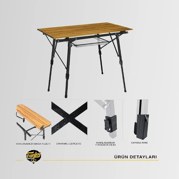 Funky Chaırs Elite Alüminyum Teleskopik Ayaklı Kamp Piknik Masası Ahşap Desen - 3