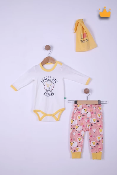 Babyhola %100 Pamuk Annesinin Kuzusu Çıtçıtlı Badi Pantolon Bere 3'lü Takım 593-4 - 9