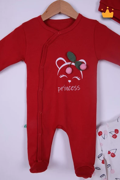 Babyhola %100 Pamuk Kirazlı 2'li Patikli Tulum Önlük Bere 4'lü Set 23608 - Resim 2