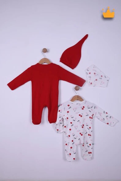 Babyhola %100 Pamuk Kirazlı 2'li Patikli Tulum Önlük Bere 4'lü Set 23608 - Resim 6