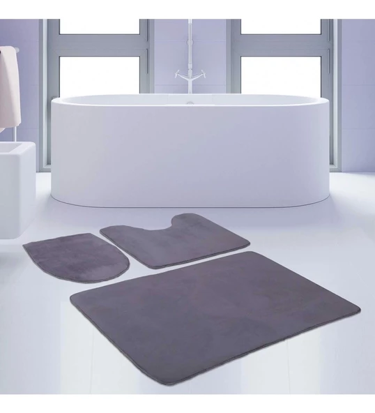 Bonny Home Unicolor Düz Gri 3lü Banyo Paspası Halısı Seti Kaymaz Klozet Takımı - 4
