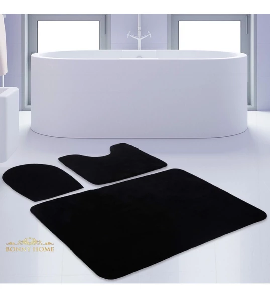 Bonny Home Unicolor Düz Siyah 3lü Banyo Paspası Halısı Seti Kaymaz Klozet Takımı - 4