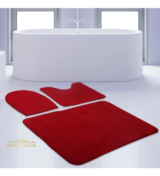 Bonny Home Unicolor Düz Kırmızı 3lü Banyo Paspası Halısı Seti Kaymaz Klozet Takımı - 4