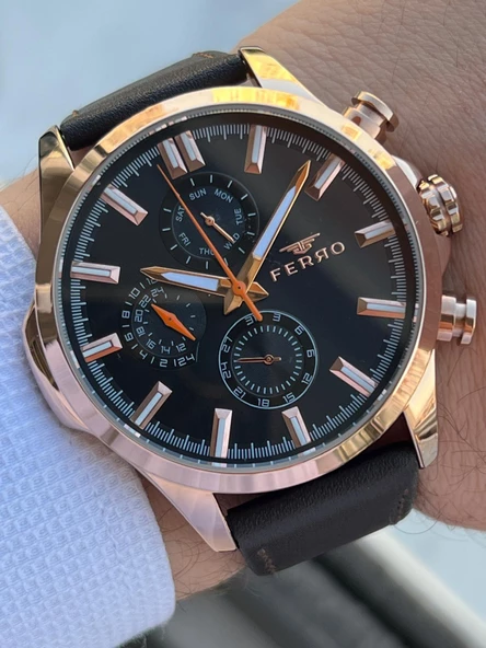 Ferro İç Fonksiyonları Aktif Deri Kordon 3 Atm Suya Dayanıklı Erkek Kol Saati EM11047.K - Resim 2