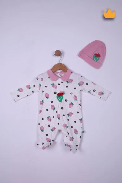 Babyhola %100 Pamuk Çilekli Tulum Bere 2'li Set 23612 - 2