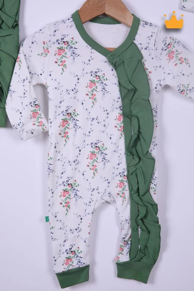 Babyhola %100 Pamuk Yeşil Çiçekli 2'li Tulum Saç Bandı 4'lü Set 458 - 3