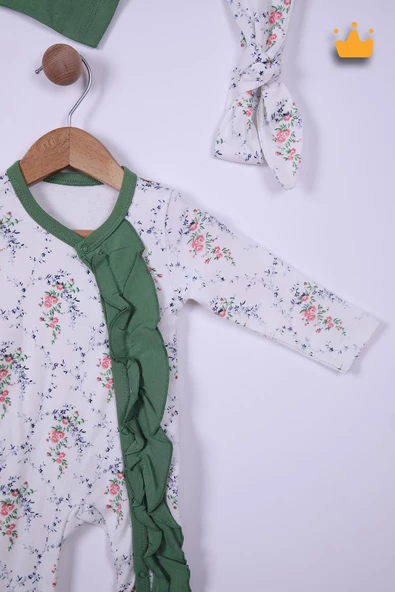 Babyhola %100 Pamuk Yeşil Çiçekli 2'li Tulum Saç Bandı 4'lü Set 458 - 6