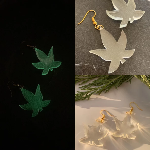 Fosforlu Neon Şeffaf Yeşil Renk Gold Aksesuarlı Büyük Asma Yaprağı Şekilli Epoksi Küpe Ypr1 ürün görseli