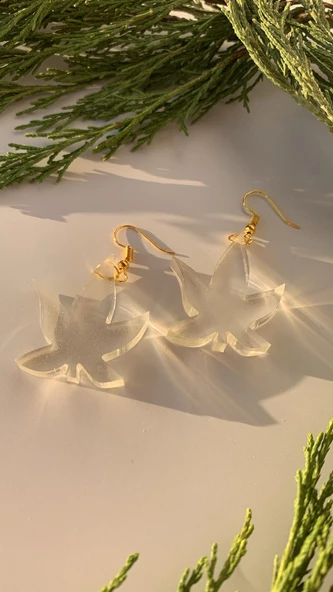 Fosforlu Neon Şeffaf Yeşil Renk Gold Aksesuarlı Büyük Asma Yaprağı Şekilli Epoksi Küpe Ypr1 - Resim 5