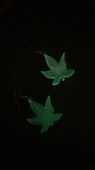 Fosforlu Neon Şeffaf Yeşil Renk Gold Aksesuarlı Büyük Asma Yaprağı Şekilli Epoksi Küpe Ypr1 - Resim 6