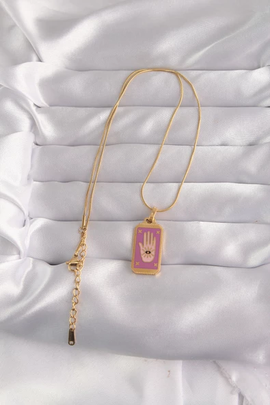 316L Çelik Gold Renk Mor Mineli El Figür Tarot Kolye - TJ-BKO9034 - 2