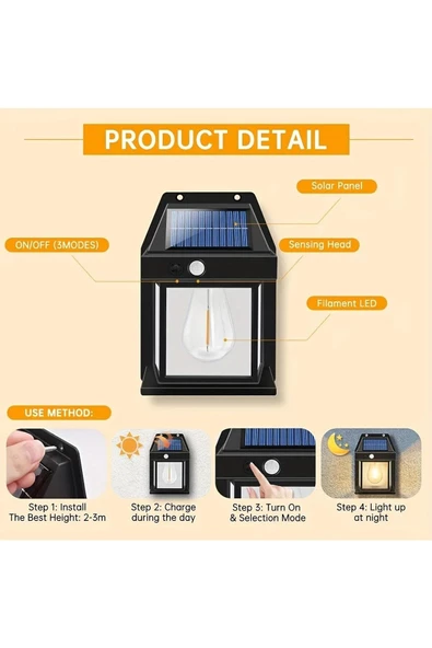 Güneş Enerjili Bahçe Led Ampul Hareket Sensörlü Bahçe Led  Su Geçirmez 3 Mod'lu Solar Led - 2