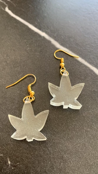 Fosforlu Neon Şeffaf Yeşil Renk Gold Aksesuarlı Orta Boy Asma Yaprağı Şekilli Epoksi Küpe Ypr1 - Resim 7