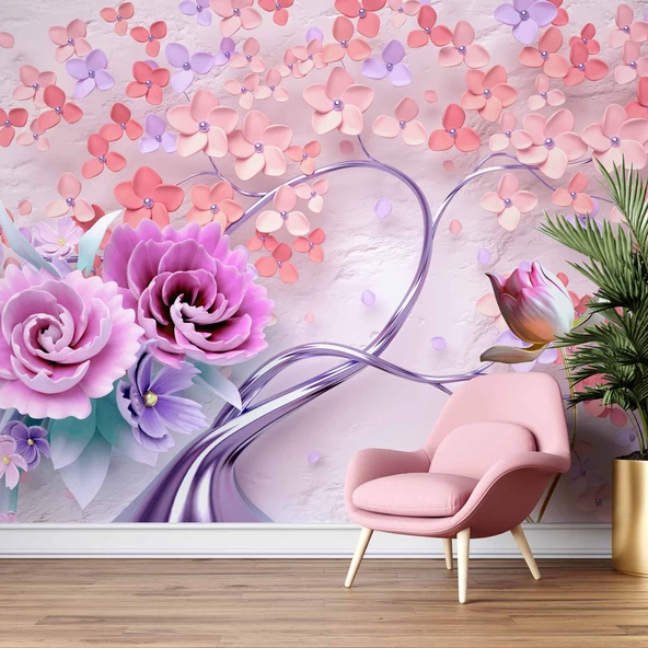 Pembe Çiçekli Ağaç Desenli Duvar Kağıdı - 6