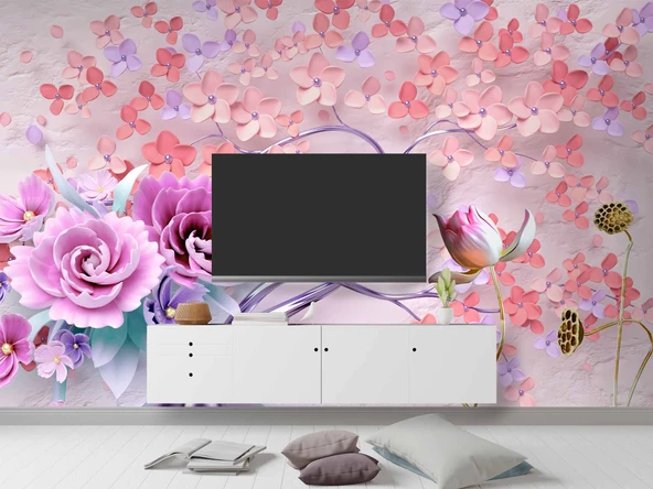 Pembe Çiçekli Ağaç Desenli Duvar Kağıdı - 3