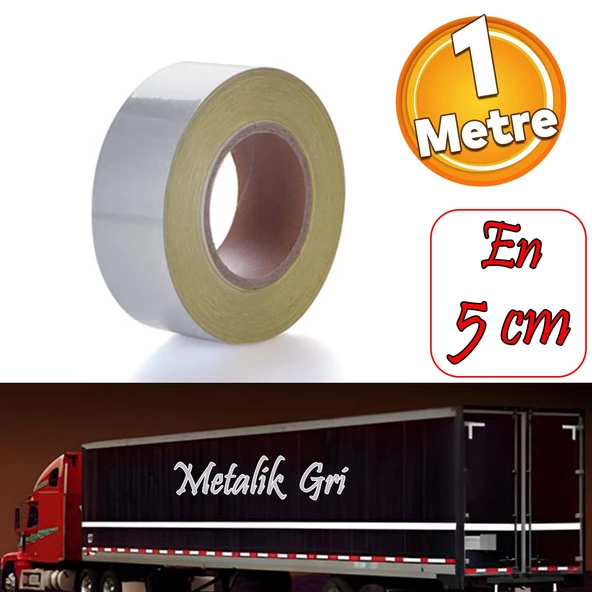 Düz Desensiz Metalize Gri Renk Reflektörlü Bant Gece Parlayan En 5 cm 1 Mt İkaz Bandı Reflektif