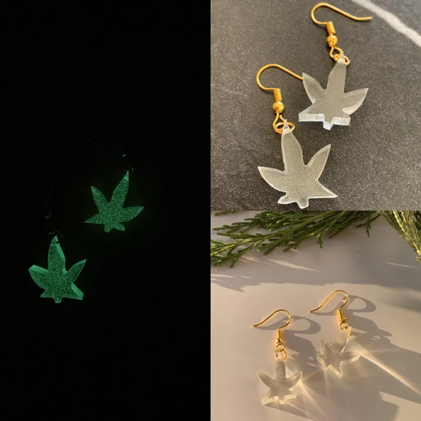 Fosforlu Neon Şeffaf Yeşil Renk Gold Aksesuarlı Küçük Asma Yaprağı Şekilli Epoksi Küpe Ypr1 ürün görseli