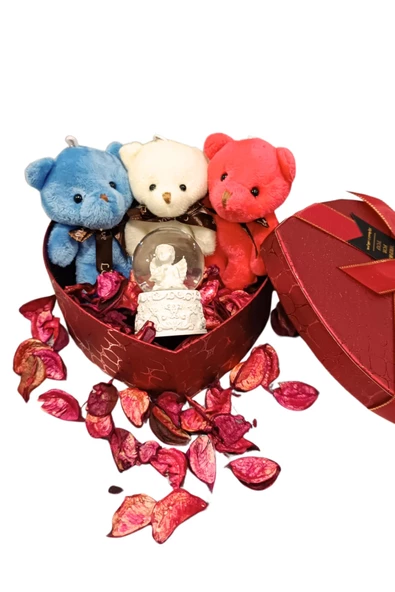 Kalp Kutuda 3 Mini Ayıcık ve Melek Kar Küresi Hediye Kutusu - 2