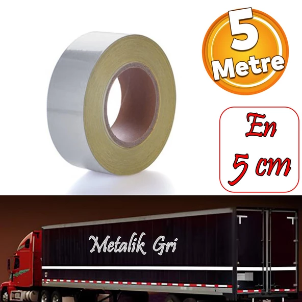 Düz Desensiz Metalize Gri Renk Reflektörlü Bant Gece Parlayan En 5 cm 5 Mt İkaz Bandı Reflektif