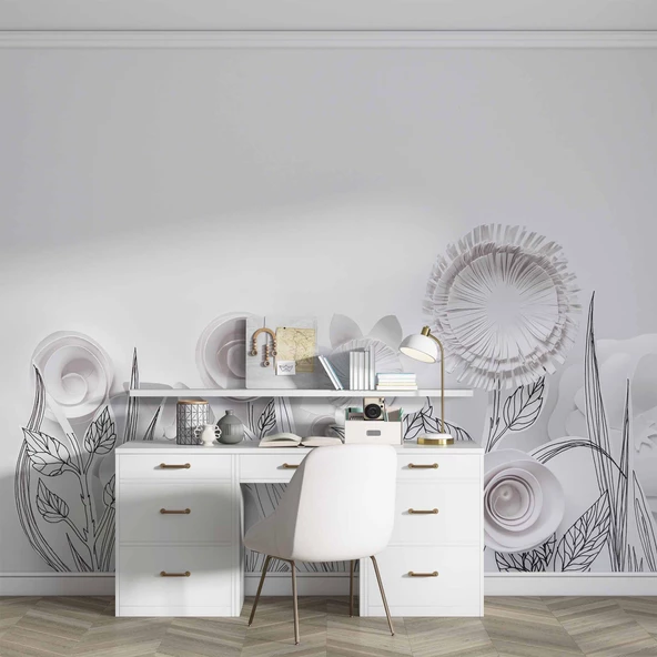 3 Boyutlu Render Beyaz Çiçek Duvar Kağıdı - Resim 4