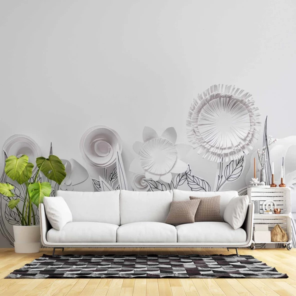 3 Boyutlu Render Beyaz Çiçek Duvar Kağıdı ürün görseli