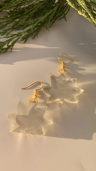 Fosforlu Neon Şeffaf Yeşil Renk Gold Aksesuarlı Büyük Asma Yaprağı Epoksi Küpe El - Resim 7