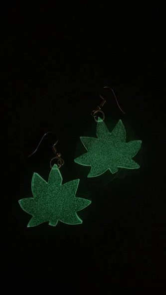 Fosforlu Neon Şeffaf Yeşil Renk Gold Aksesuarlı Büyük Asma Yaprağı Epoksi Küpe El - Resim 6